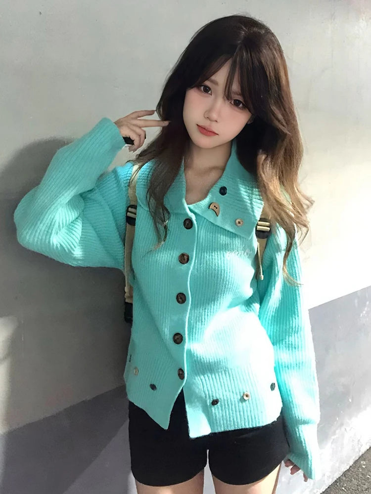 LIZAKOSHT  -  Chic Button Knit Cardigan Women Long Sleeve Sweet Casual Preppy Korean Sweater Female Harajuku Loose Lazy Wind Student Outwear
