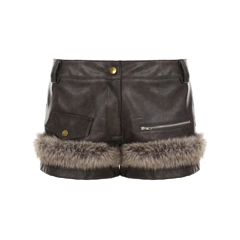 LIZAKOSHT  -  Women Fluffy Faux Fur Patchwork PU Leather Shorts 2025 Fall Winter Button Fly Medium Waist Slim Casual Streetwear Night Clubwear