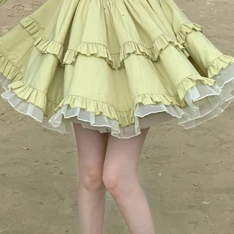 LIZAKOSHT  -  Green Women Dresses Square Neck Ruffles Bows Vintage Vestidos Mujer Spring Autumn Korean Fashion Sweet Mini Dress