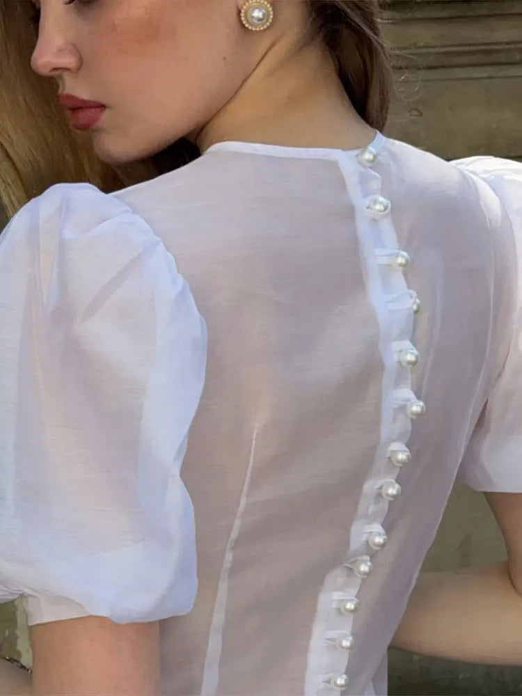 LIZAKOSHT  -  Puff Sleeve Decorative Button Sheer Mesh Maxi Dress A-Line  Ruched Bust Spring Summer Chic Garden Lady Women Romantic Grown