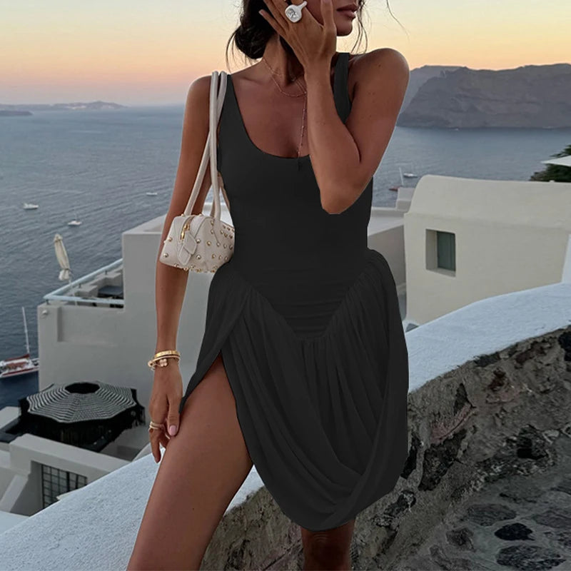 LIZAKOSHT  -  Irregular Hem Design Party Holiday Mini Chic Dresses For Women Solid Color U Neck Straps Draped Casual Sexy Tank Dress