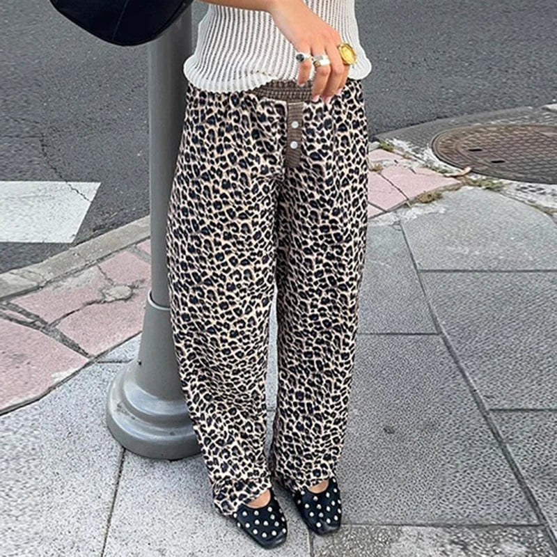 LIZAKOSHT  -  Leopard Print Patchwork Straight Pants Elastic Waist Fashion Harajuku Trousers Aesthetic 2000s Casual Baggy Bottom