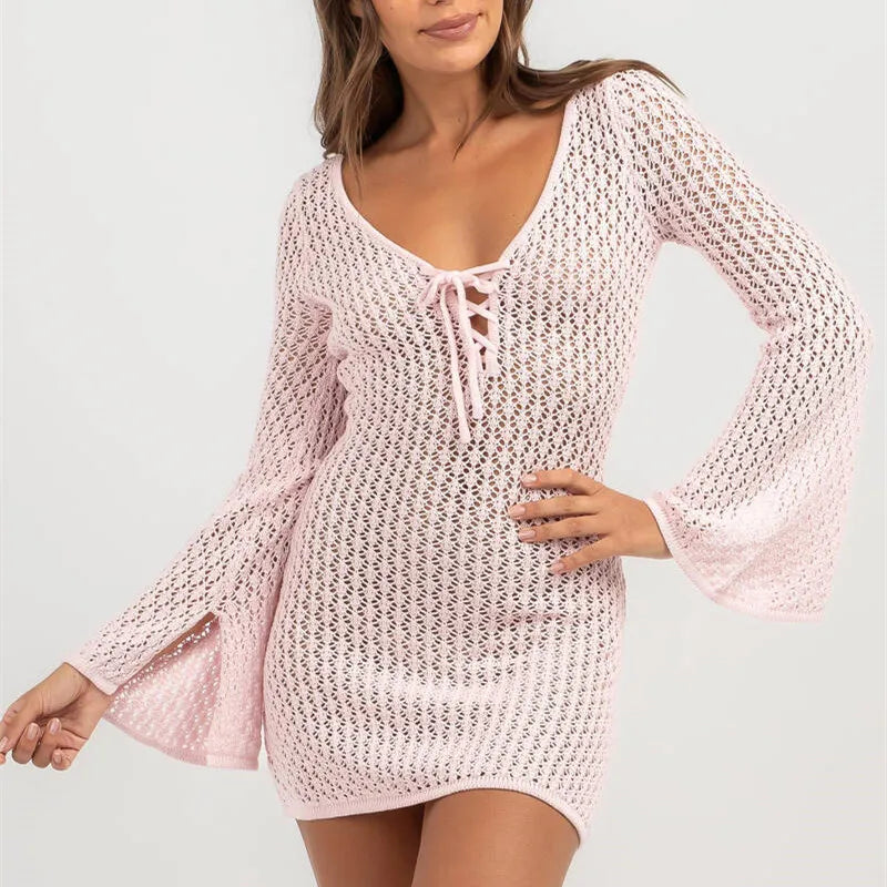 LIZAKOSHT  -  Women Crochet Cover Up Dress Summer Long Sleeve Hollow Out Knit Mini Dress Sexy V Neck Backless Swimsuit Beach Dress