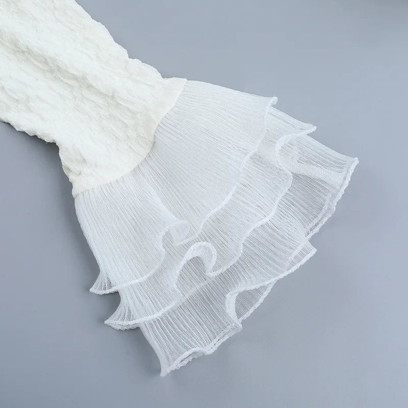 LIZAKOSHT  -  Patchwork Sexy V-neck Mesh Ruffle Women Dress White Flare Sleeve A-line Mini Dress Autumn Slim Elegant Party Clubwear