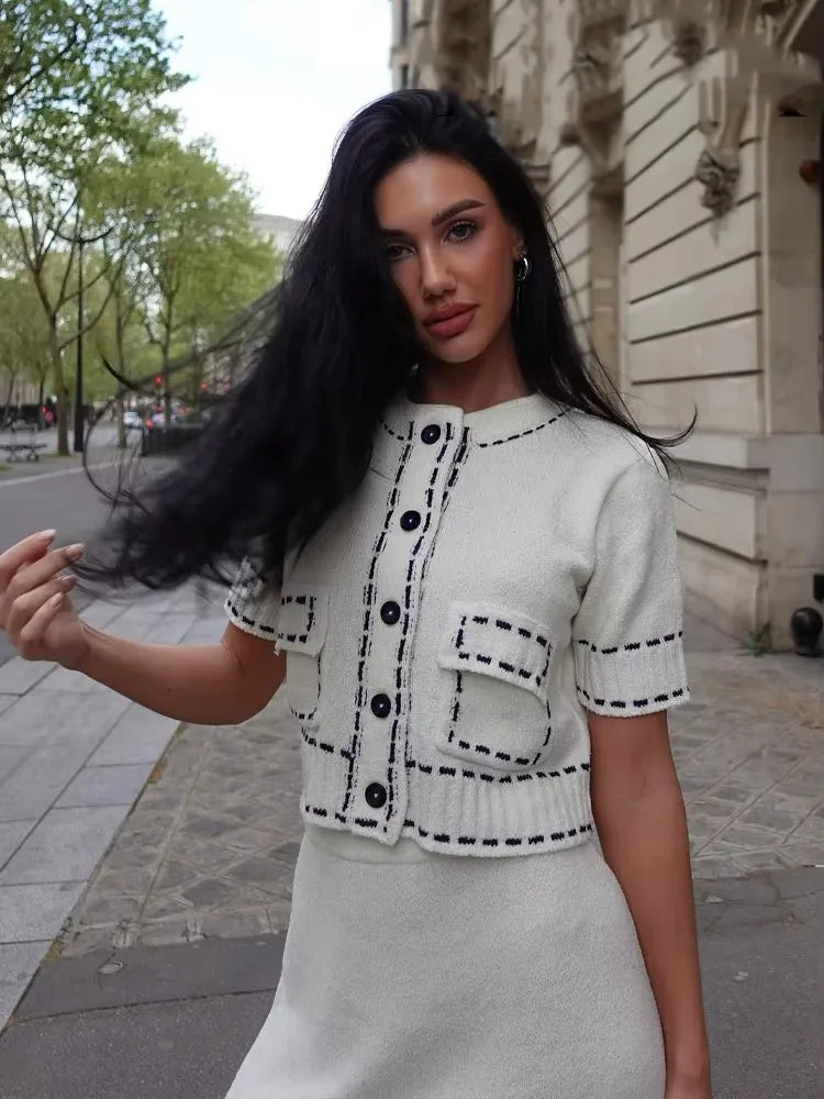 LIZAKOSHT  -  Elegant Knitted Cardigan Coat Women Fashion Single-Breasted Pockets Short Sleeve Crop Sweater 2025 New Summer Casual Slim Tops