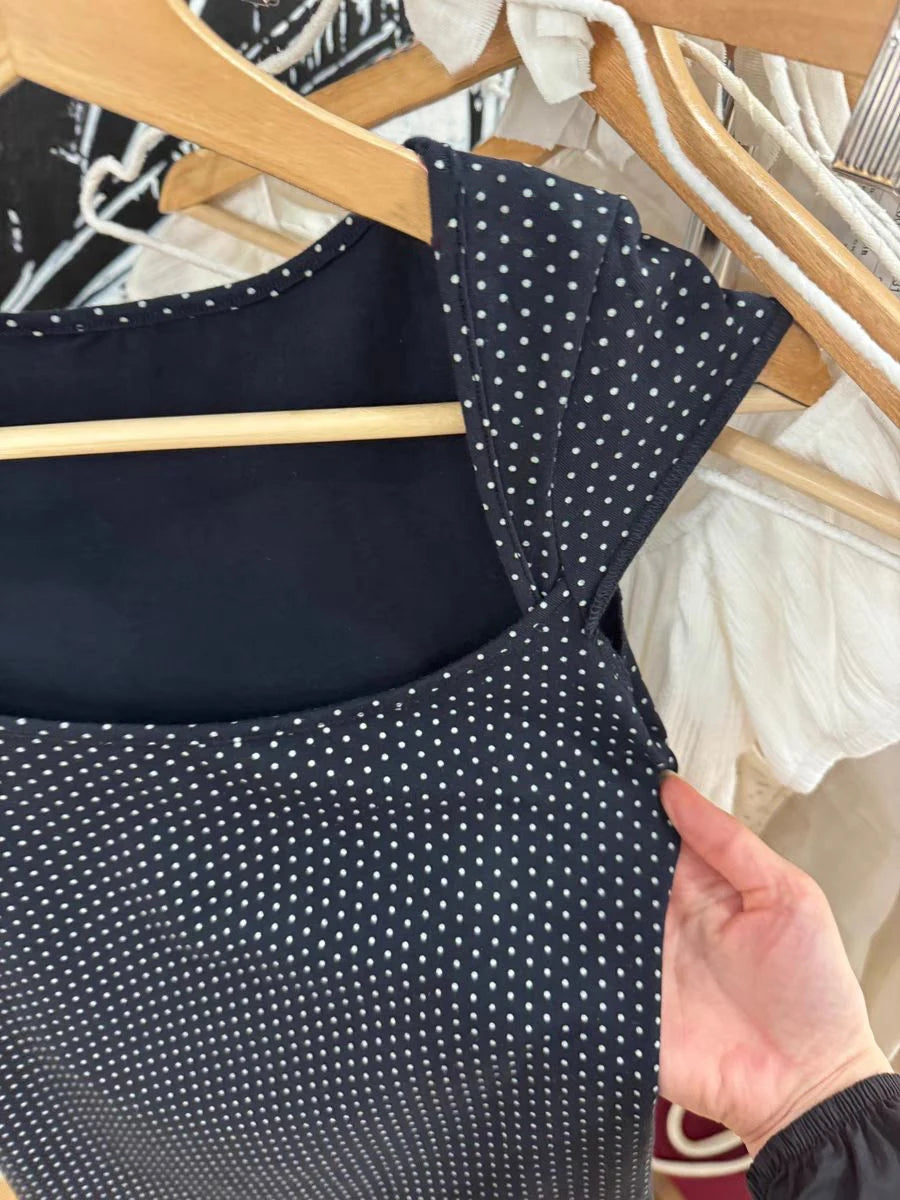 LIZAKOSHT  -  Polka Dot Sleeveless Slim T-shirt Women Summer Sexy Square Collar Black Cotton Tees Preppy Style Cute Streetwear Crop Top Y2k