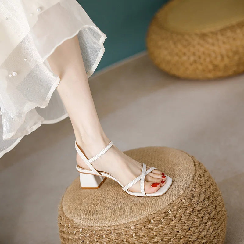 LIZAKOSHT  -  cross band high heels sandals women thick heel summer shoes solid color ankle strap gladiator sandalias de tacón