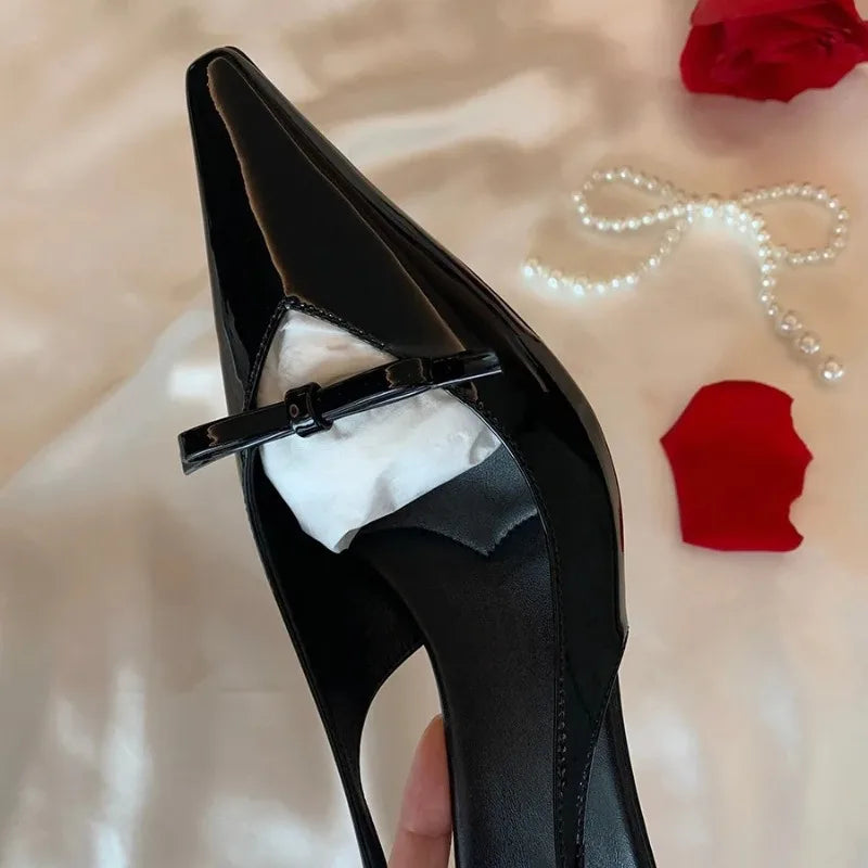 LIZAKOSHT  -   Women Nude Pink Leather Pointed Toe Thin Heel Sandals Summer Delicate Butterfly Knot Fairy Style Comfortable Wedding Dress Shoes