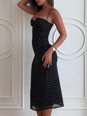 LIZAKOSHT  -  Elegant Lace Patchwork Chiffon Polka Dot Dress White Black Summer Women Spaghetti Strap Zipper Evening Party Dresses