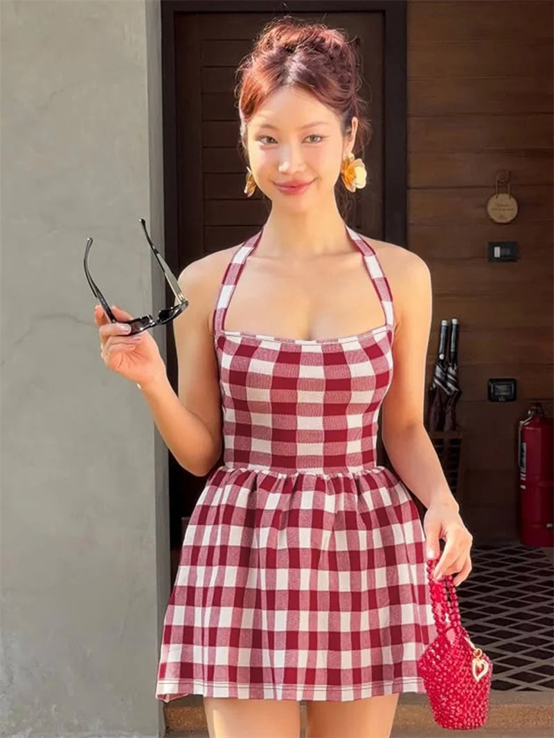 LIZAKOSHT  -  Sexy Halter Plaid Print Mini Dress Off-shoulder Sleeveless Spaghetti Strap Backless High Waist Red A-line Holiday Dress