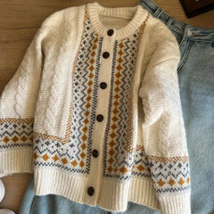 LIZAKOSHT  -  Vintage Jacquard Knit Cardigan Women Loose Casual Lazy Wind Print Button Pullovers Korean Long Sleeve Baggy Aesthetic Outwear