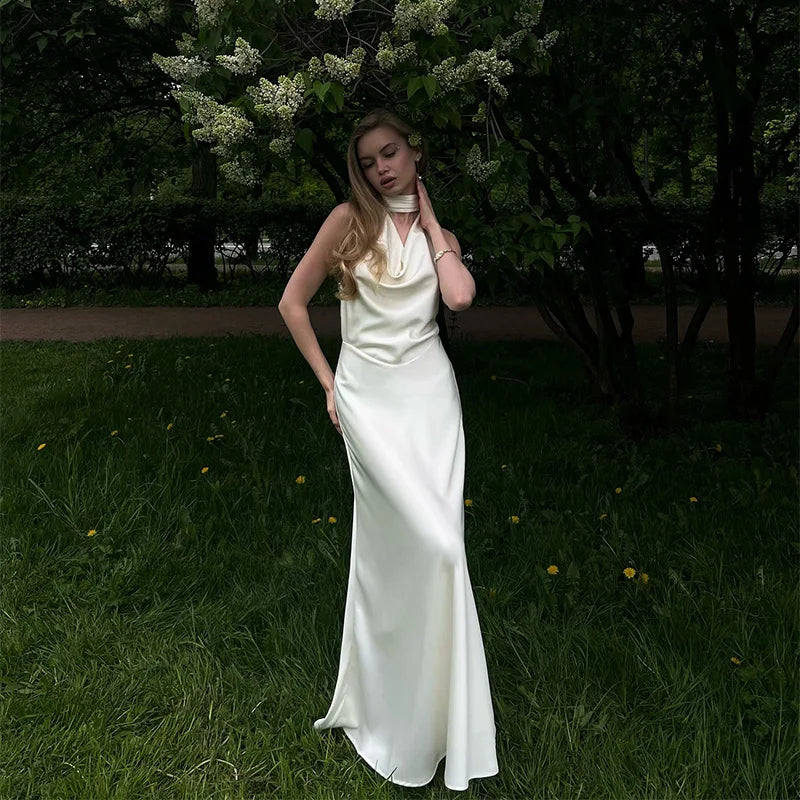 LIZAKOSHT  -  Sexy Hanging Neck Pearl Trim Backless Maxi Dress Women Fashion Slim Fit Robes Lady 2025 Summer Evening Birthday Party Club Dress
