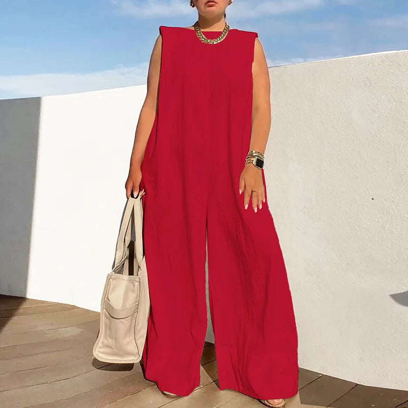 LIZAKOSHT  -  Fashion Sleeveless O Neck Wide Leg Playsuit Elegant Loose Rompers Para Mujer 2025 New Spring Summer Casual Solid Color Jumpsuits