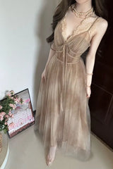 LIZAKOSHT  -  Korean Fashion Elegant Vintage Tie Dye Apricot Tulle Lace V Neck Sleeveless Tie Waist Maxi Dress Women Vacation Party Daily Wear