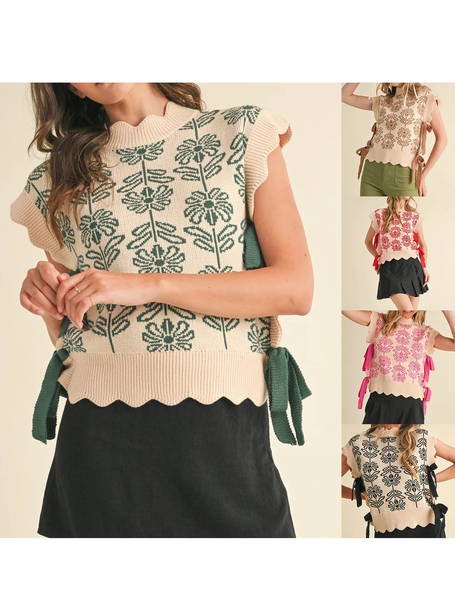 LIZAKOSHT  -  Women s Floral Patterned Knit Vest with Scalloped Trim Crew Neck Side Tie Bow and Sleeveless Design - Stylish Sweater Top