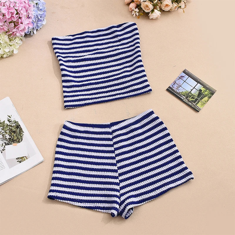 LIZAKOSHT  -  Women's Contrasting Color Casual Stripe Matching Set Strapless Cropped Vest+Shorts Fashion Sexy Slim Fit Holiday Streetwear