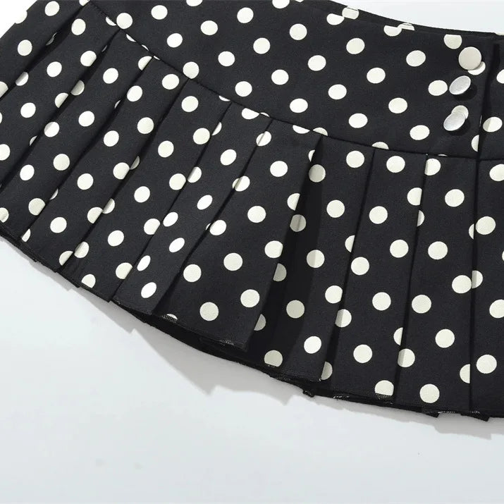 LIZAKOSHT  -  Women Button Black and White Polka Dot Print REMINI SKORT Micro-mini Skirt