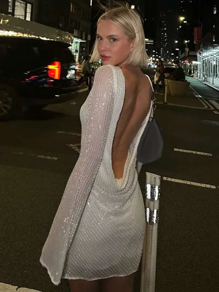 LIZAKOSHT  -  Women Sequins Evening Mini Dresses Y2K Sexy Backless Long Sleeve O Neck Lady Short Dress Elegant New Fashion Party Vestidos