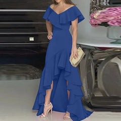 LIZAKOSHT  -  Sexy V-neck Irregular Hem Pure Color Women's Dress Bell Sleeve Ankle-length Regular Waist Design Floral Lace Edge Dress