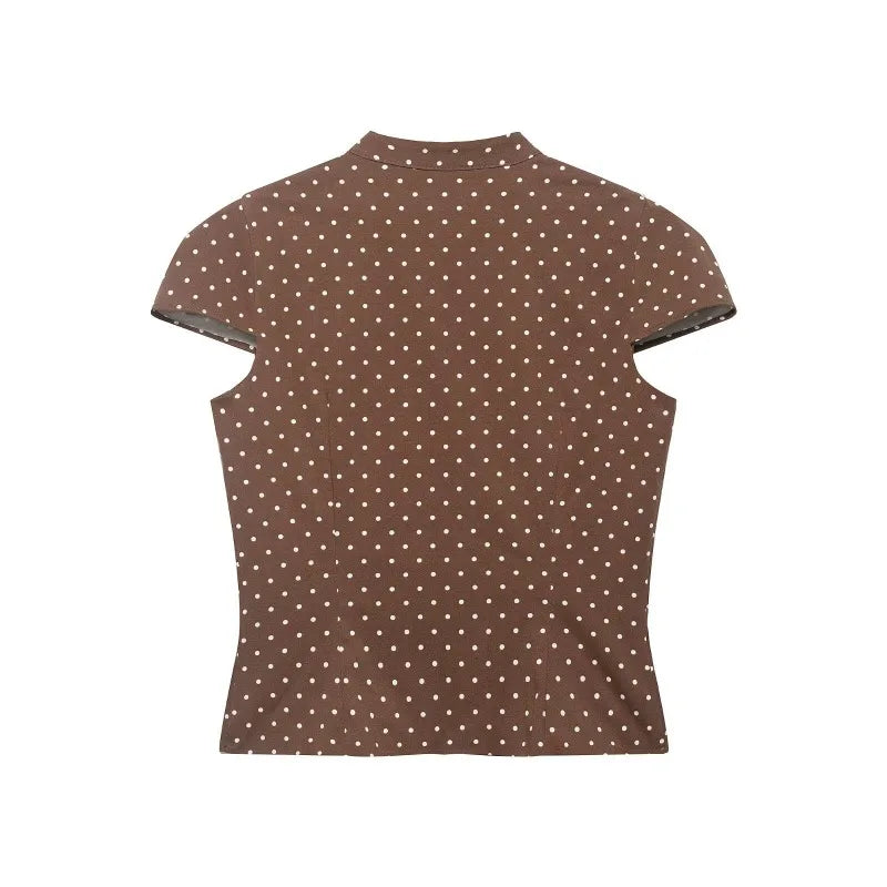 LIZAKOSHT  -  Vintage American Office Lady Women T Shirt Y2k Fashion Popular Polka Dot Print Thin Punk Clothes Harajuku Slim Waist Buttons Top