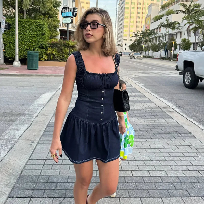 LIZAKOSHT  -  Vintage Women Cinching Waist  Denim Slip Pleated Dress Dark Blue A-line Strap Skirts Distressed Street Wear Casual Jeans Dress