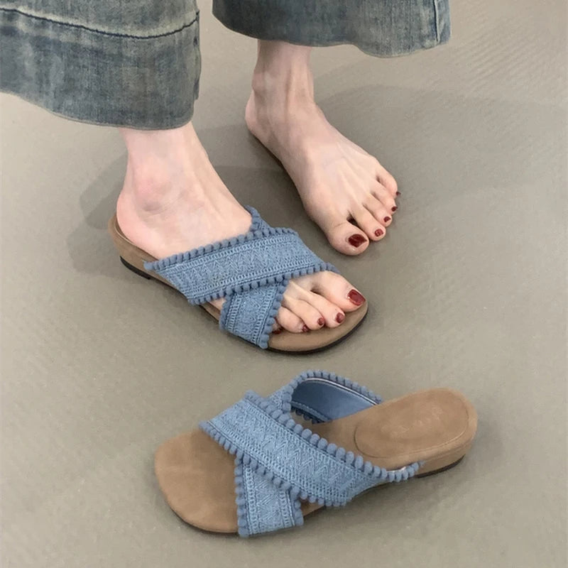 LIZAKOSHT  -  Summer Women Fashion Weave Cross Slippers Casual Comfort Wedges Heel Beach Vacation Slides Shoes