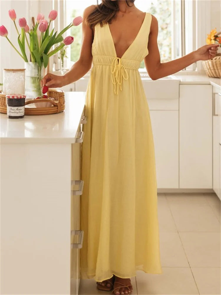 LIZAKOSHT  -  Retro Women Evening Party Long Dress Solid Color Sleeveless Deep V-Neck Front Tie-up Dress Formal Female Vestido