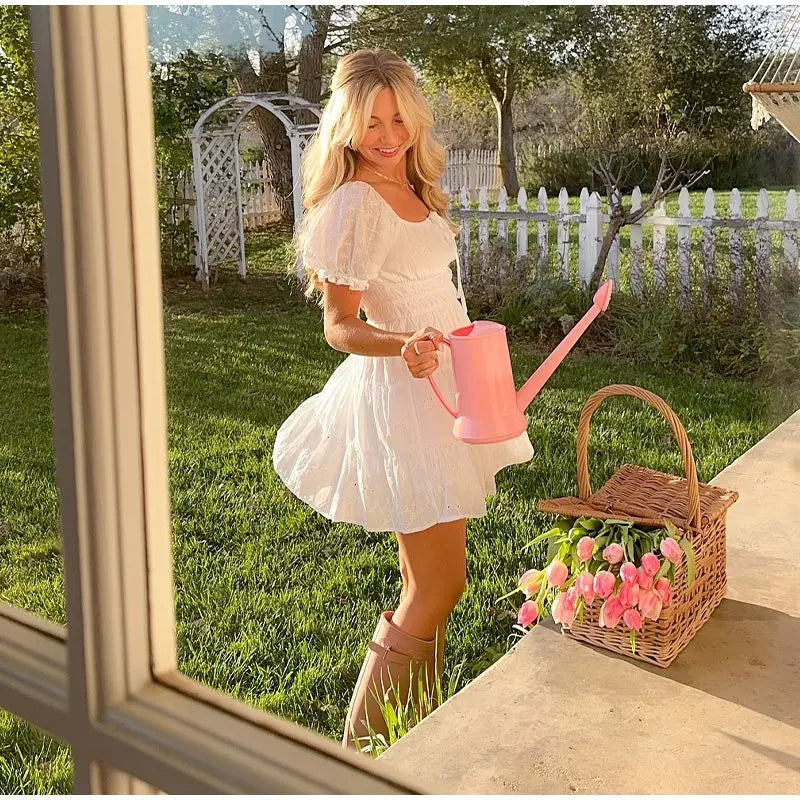 LIZAKOSHT  -  Casual Mini Dress Women Loose Square Neck Short Sleeves Lace Up Robe Female Spring Summer Fashion High Waist Dresses Lady