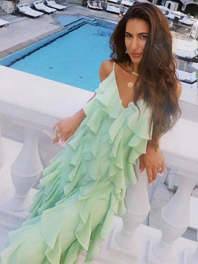 LIZAKOSHT  -  Fashion Green Women Sling Maxi Dress Elegant V-neck Sleeveless Slim Dresses 2024 Summer Female Chic Beach Vacation Robes