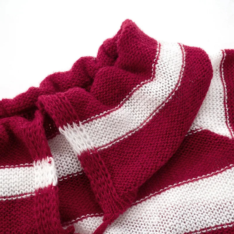 LIZAKOSHT  -  Knitted Sexy Off Shoulder Striped Women Sweater Red Long Sleeve Lace Up Sweater Female Autumn New Casual Streetwear