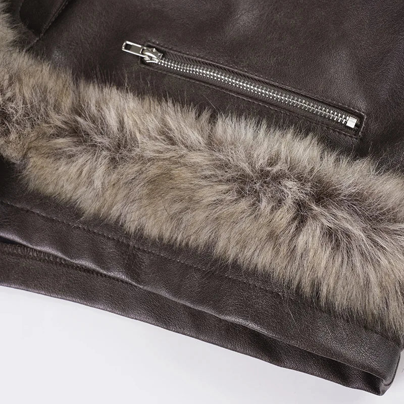 LIZAKOSHT  -  Women Fluffy Faux Fur Patchwork PU Leather Shorts 2025 Fall Winter Button Fly Medium Waist Slim Casual Streetwear Night Clubwear