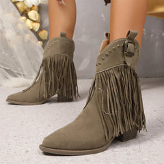 LIZAKOSHT  -  EUR Size 43 Black Square Heels Ankle Boots Women Brown Pointy Toe Fringes Cowboy Boots Gypsy Tassels Western Boots Shoes