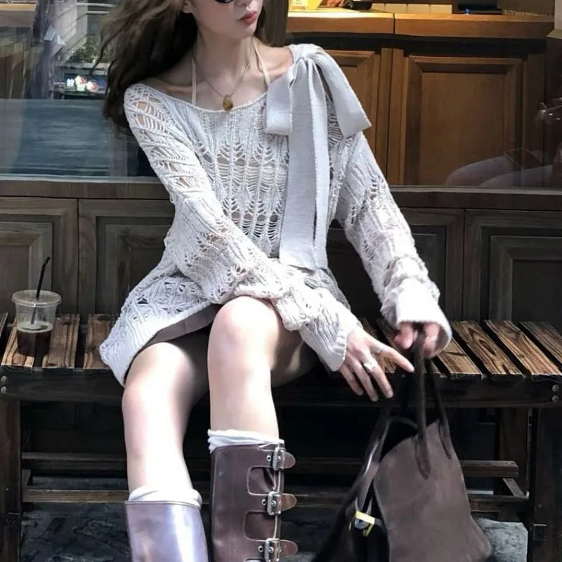 LIZAKOSHT  -  Coquette Y2k Women's Sweater Hollow out Knitwear Spring Oversize Knit Off The Shoulder Pullovers Streetwear Vintage
