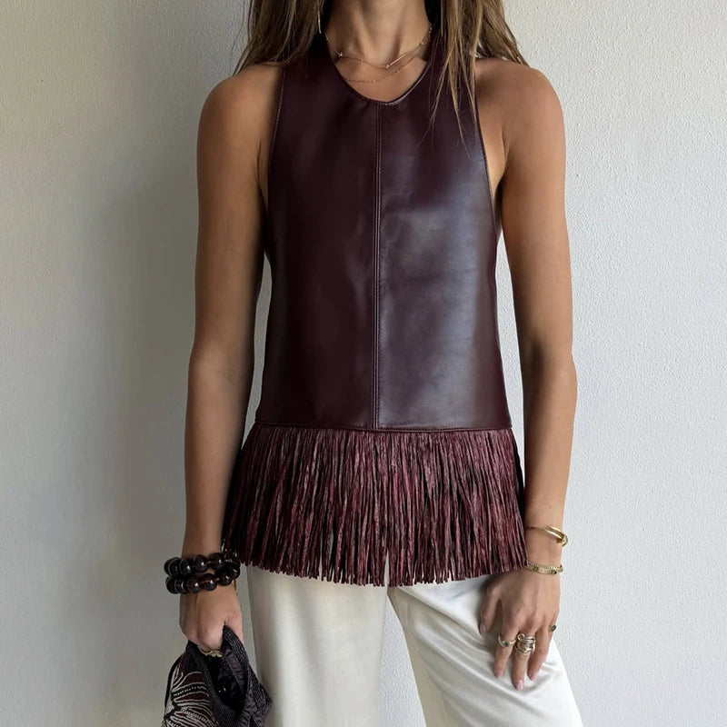 LIZAKOSHT  -  Women's Elegant O-neck Tassel Splicing Vest Fashion Commute High Waist Summer Tank Tops Casual Street Solid PU Leather Blouses