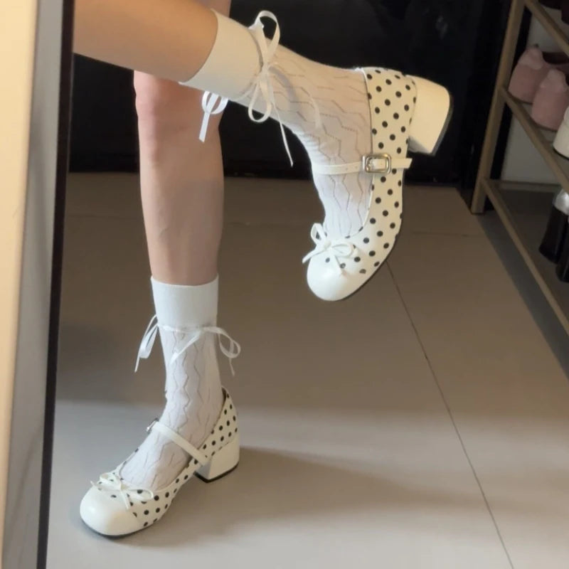 LIZAKOSHT  -  Cute Polka Dot Thick Heel Women Mary Jane Shoes Designer Buckle Strap Pumps Ladies Eelgant Butterfly-knot Dress Single Shoes