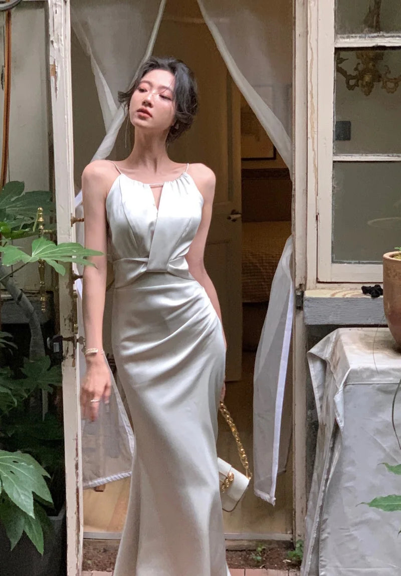 LIZAKOSHT  -  Sexy Sleeveless Satin Mermaid Long Dresses for Women New Summer French Elegant Fashion Slim Solid Tank Evening Party Robe