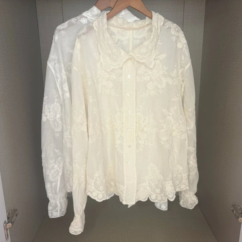 LIZAKOSHT  -  Early Autumn New Hot Selling Cotton Light Luxury Embroidered Flower Long Sleeve Loose Premium Sunscreen Shirt