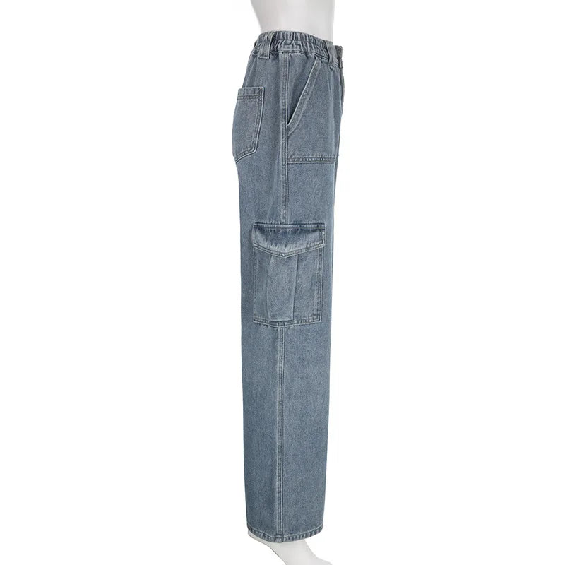 Lizakosht Elastic Waist Wide Leg Cargo Jeans with Big Pocket Patchwork Straight Grunge Hot Girl Vintage Baggy Denim Trousers Women