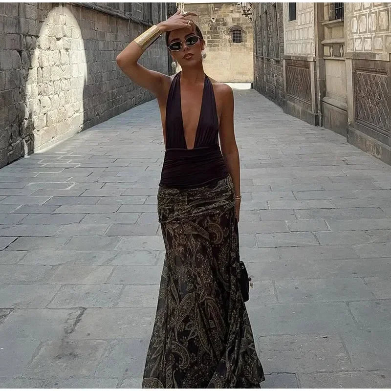 LIZAKOSHT  -  Fashion Print Long Skirt Women High Waist Ankle-length Loose Swing Skirt 2025 Summer Fashion Female Vacation Streewear Outerwear