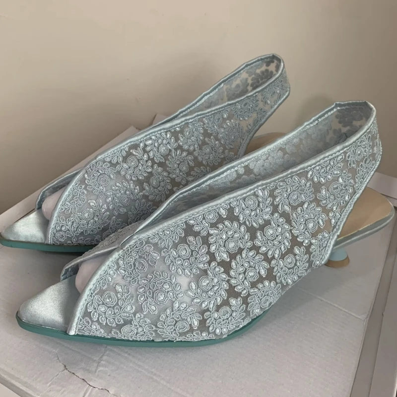 LIZAKOSHT  -  Breathable Summer Shoes Sandals Fashion Lace Blue Pink White Party Shoes Footwear Large Size Peep toe Low Heels Women's Sandals