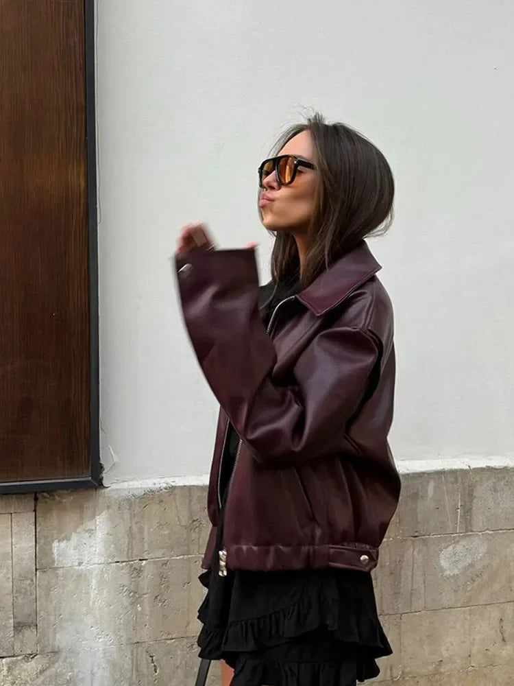 LIZAKOSHT  -  Red Lapel Leather Cropped Jackets Women Zipper Long Sleeve Coat 2025 New Fashion Retro Autumn Vacation High Street Outerwears