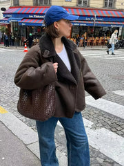 Lizakosht Winter Faux Fur Thick Lapel Coat For Women Long Sleeve Jacket Female Warm PU Overcoat Ladies With Pockets Streetwear