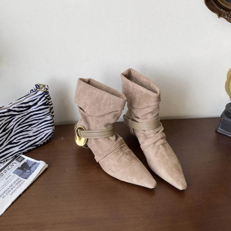 LIZAKOSHT  -  Autumn Fashion Low Heel Ankle Boot Women Slip On Pointed Toe Shoes Mordern Short Booties Zapatos De Mujer