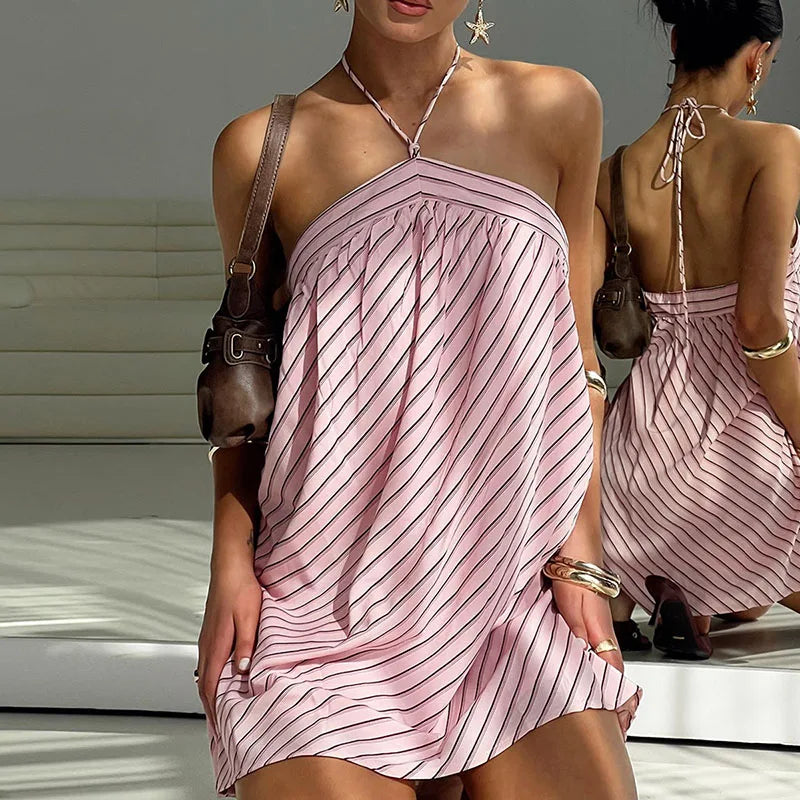 LIZAKOSHT  -  New Sexy Backless Lace Up Party Dresses Woman Chic Stripe Print Halter Mini Dress Summer Casual Sleeveless Hollow Out Boho Dress