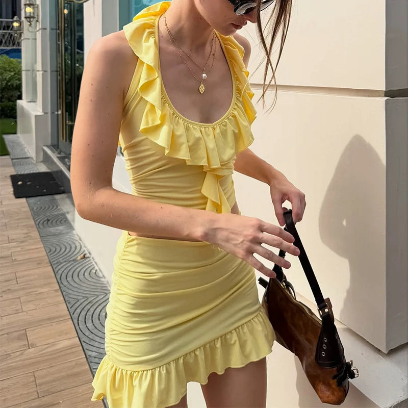 LIZAKOSHT  -  Yellow Layered Ruffles Skirt Set Women's Sexy Slim Fit Floral Edge Backless Halter Top Set 2025 Summer Vacation Street Outfit