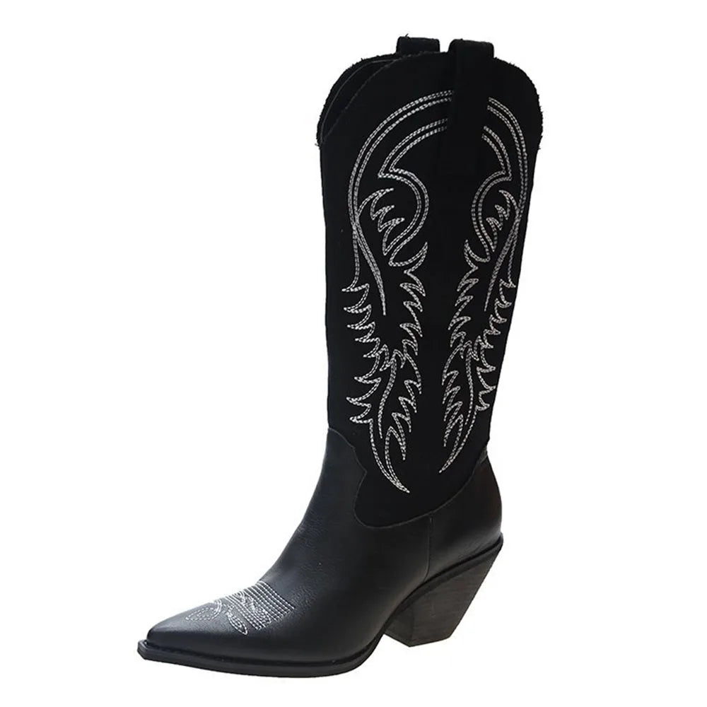 LIZAKOSHT  -  Retro Western Boots Vintage Cream Cowboy Boots Women Shoes Embroidered Pull On Chunky Heels Mid Calf Black Cowgirls Boots