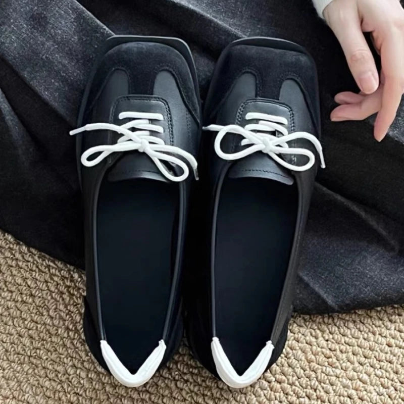 LIZAKOSHT  -  Novelty Lace Up Ballet Sneaker Flats Women Square Toe Splicing Design British Style Mary Jane Shoes Cozy Non-Slip Designer Pumps