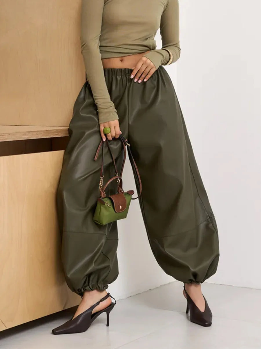 LIZAKOSHT  -  Womens Autumn Winter PU Lantern Pants Elegant Lazy Drawstring Casual Army Green Wide Leg Leather Pants
