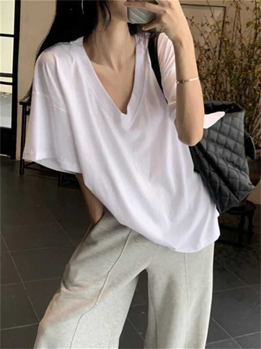 LIZAKOSHT  -  White Loose T-Shirts Fashion Women V-Neck Casual Summer 2024 Mujer Office Lady New Daily Chic High Street Tees