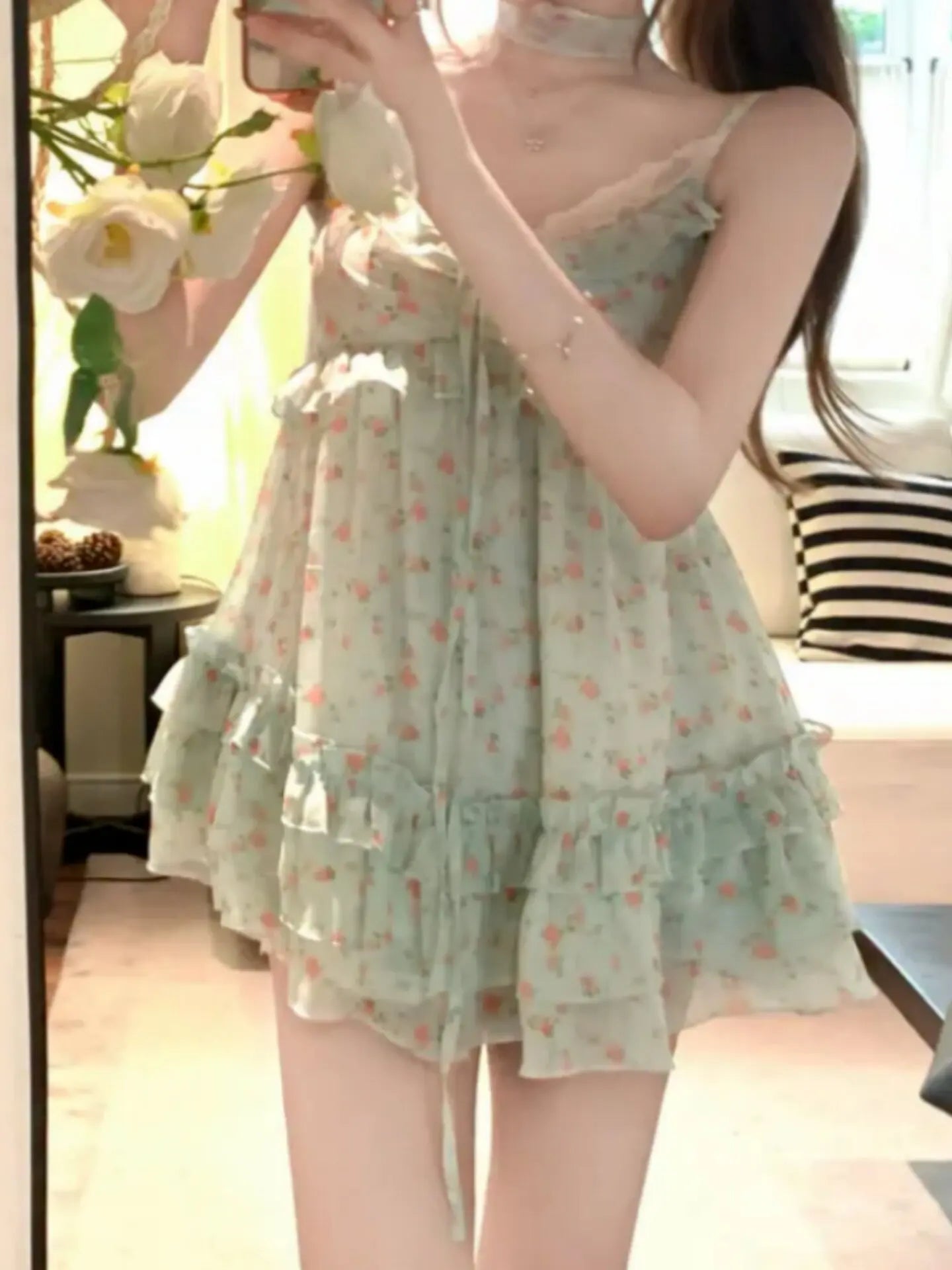 LIZAKOSHT  -  Summer French Coquette Floral Tie Front Spaghetti Strap Mini Dress Women Lace Trim Ruffle Ruched Party Date Night Casual Outfit
